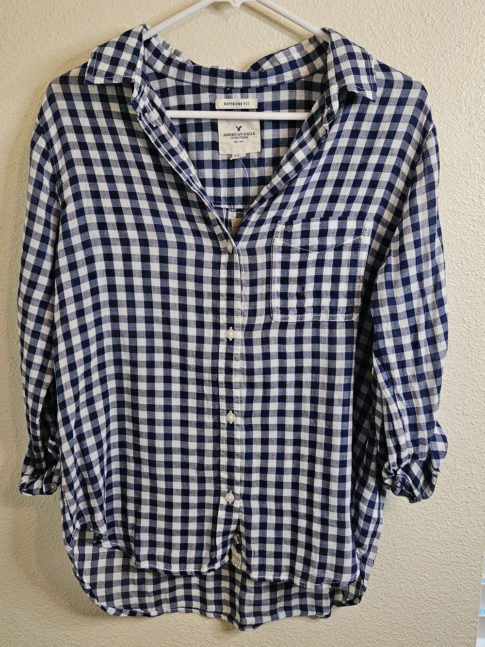 American Eagle Outfitters Navy and White Check Button-Down Shirt